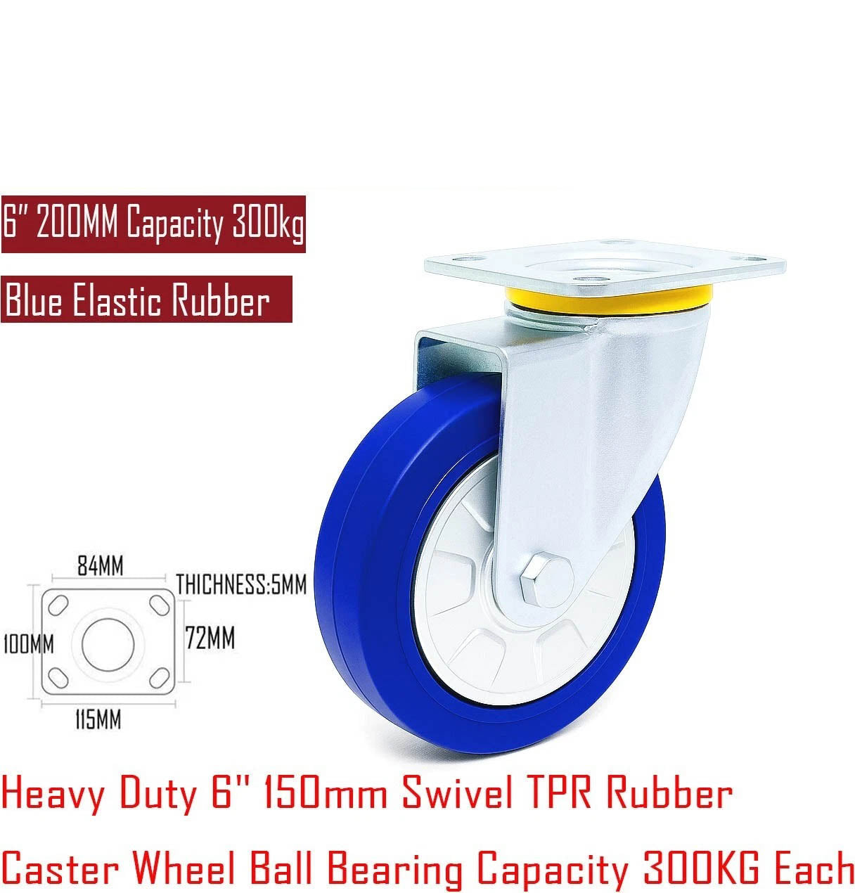 5"/6"/8" Heavy Duty Blue TPR Rubber Castor Wheel Plate Mount Swivel / Brake / Fixed