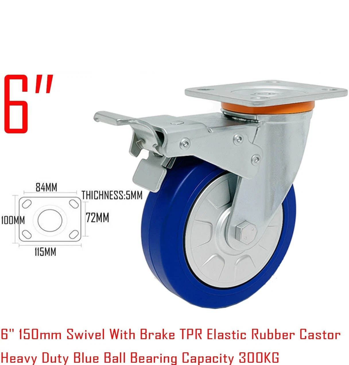 5"/6"/8" Heavy Duty Blue TPR Rubber Castor Wheel Plate Mount Swivel / Brake / Fixed