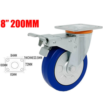 8" Heavy Duty Blue TPR Rubber Castor Wheel Plate Mount Swivel Brake