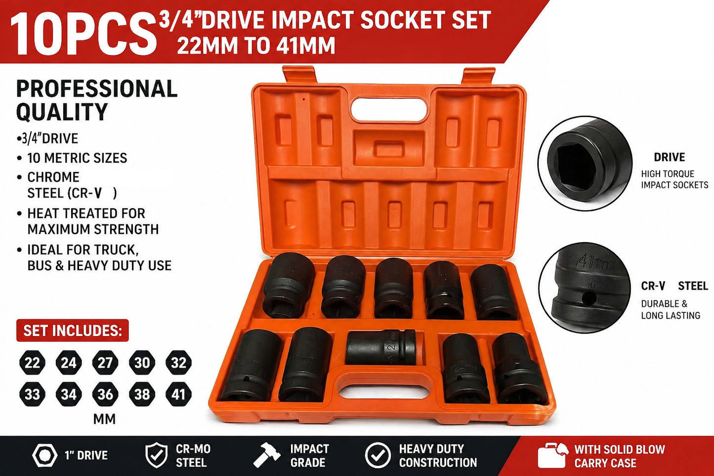 10PCS 3/4" Dr TRUCK WHEEL NUT STUD IMPACT SOCKET SET WHEEL TYRE WRENCH AIR
