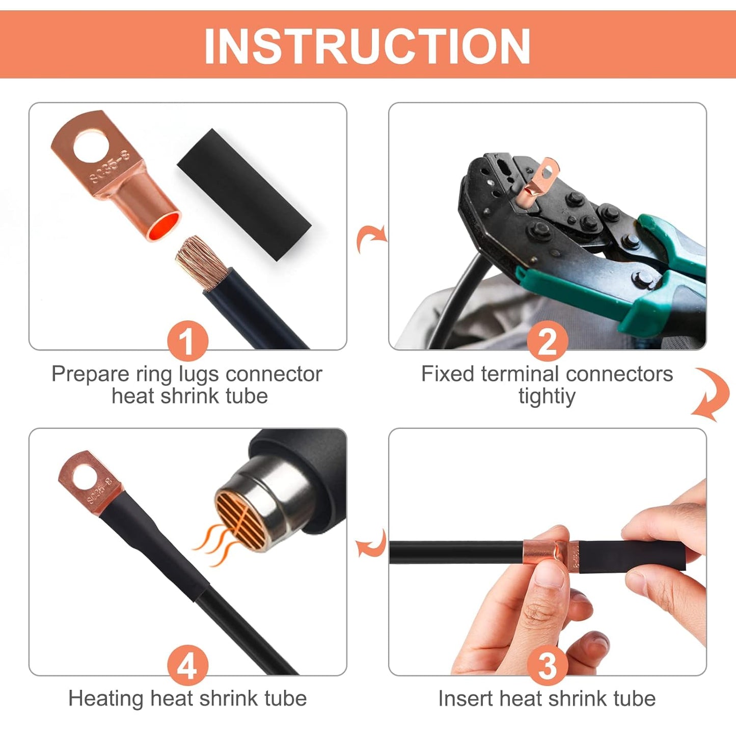 100pcs Copper Lug Terminal Kit with Heat Shrink Tubing