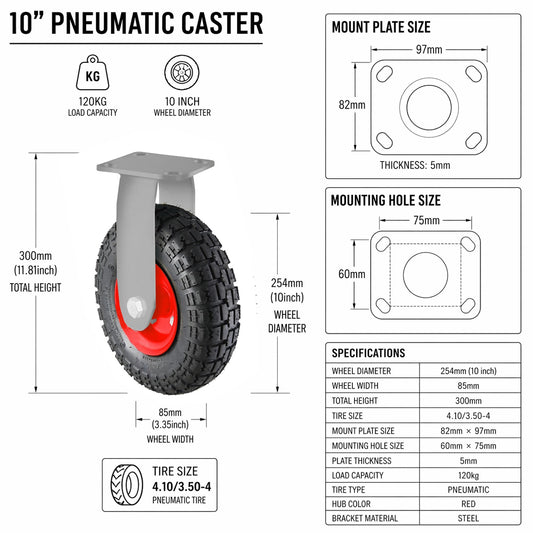 10" Castor FIXED Wheel Pneumatic Caster Trolley Wheel 4.10-3.50 HEAVY DUTY - Versatile and Durable Solution for Heavy Equipment and Machinery