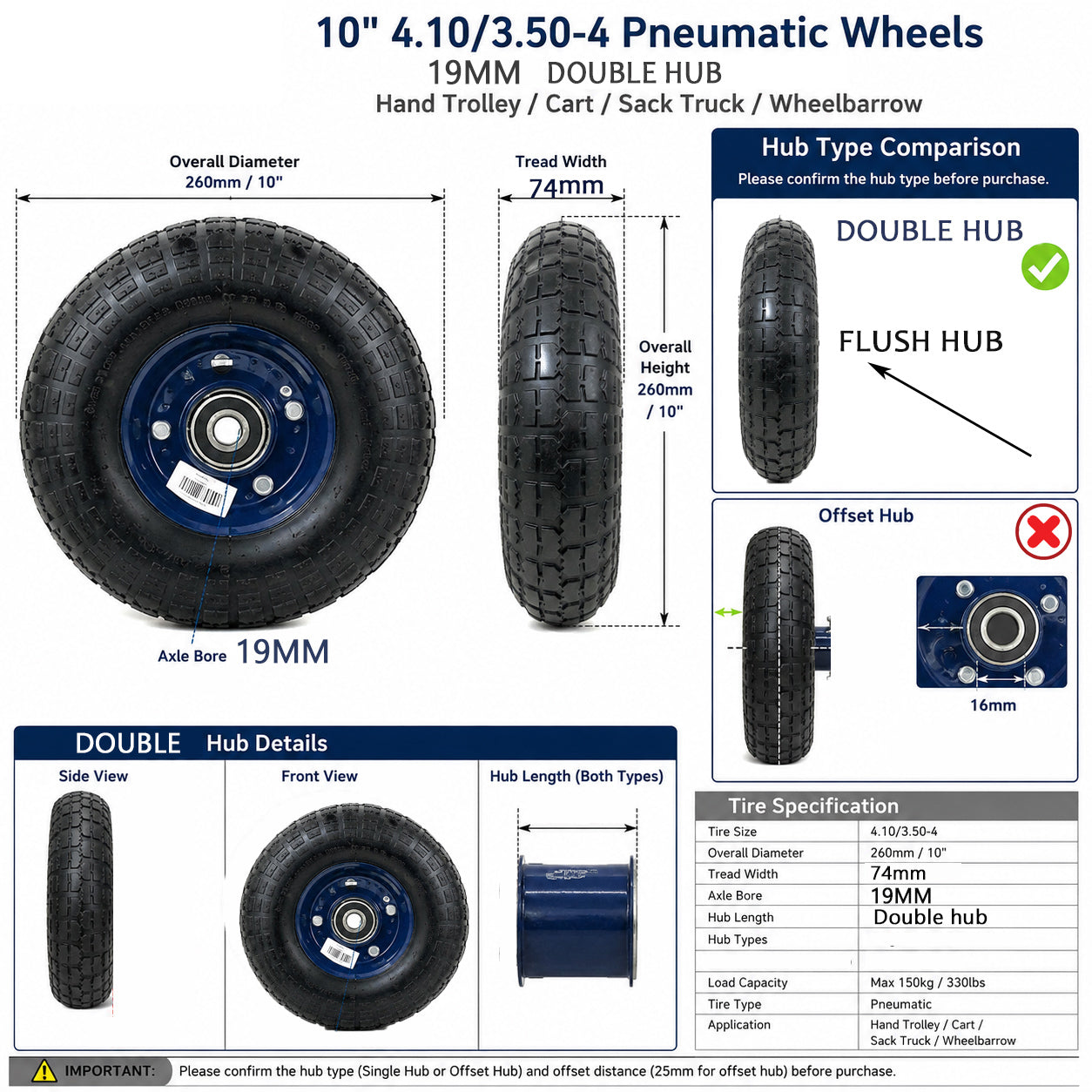 10" 4.10/3.50-4 PNEUMATIC Wheel - Heavy-Duty, Versatile, and Durable with 120KG Capacity Double HUB with 19mm BORE