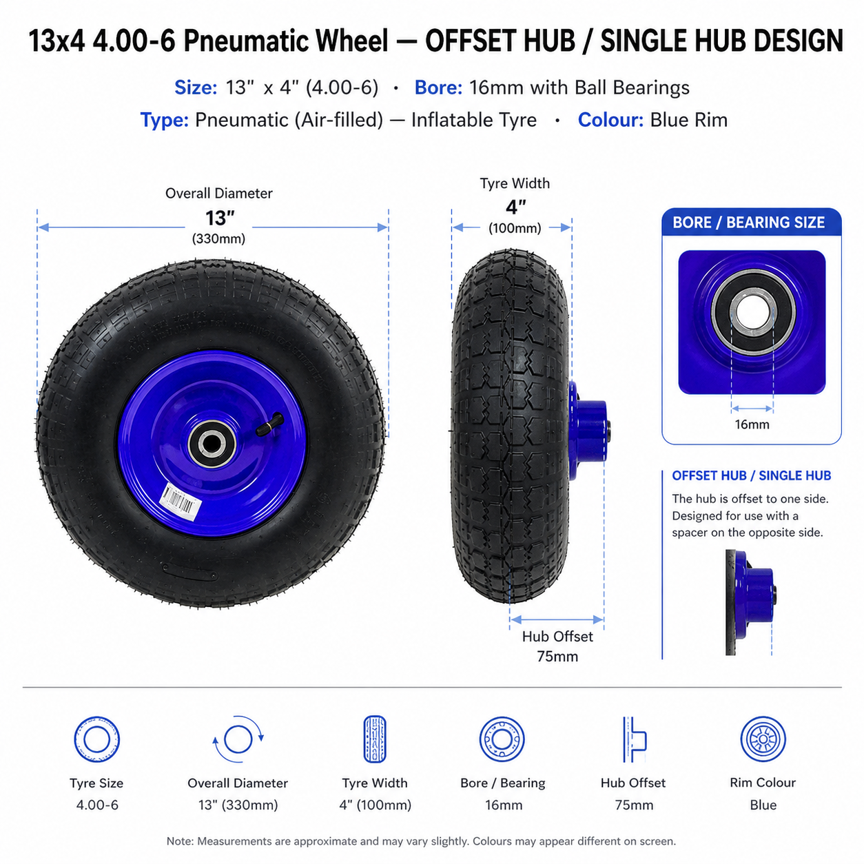 13" 4.00-6 Pneumatic Wheelbarrow Wheel with 16MM/20MM Bore Offset Hub