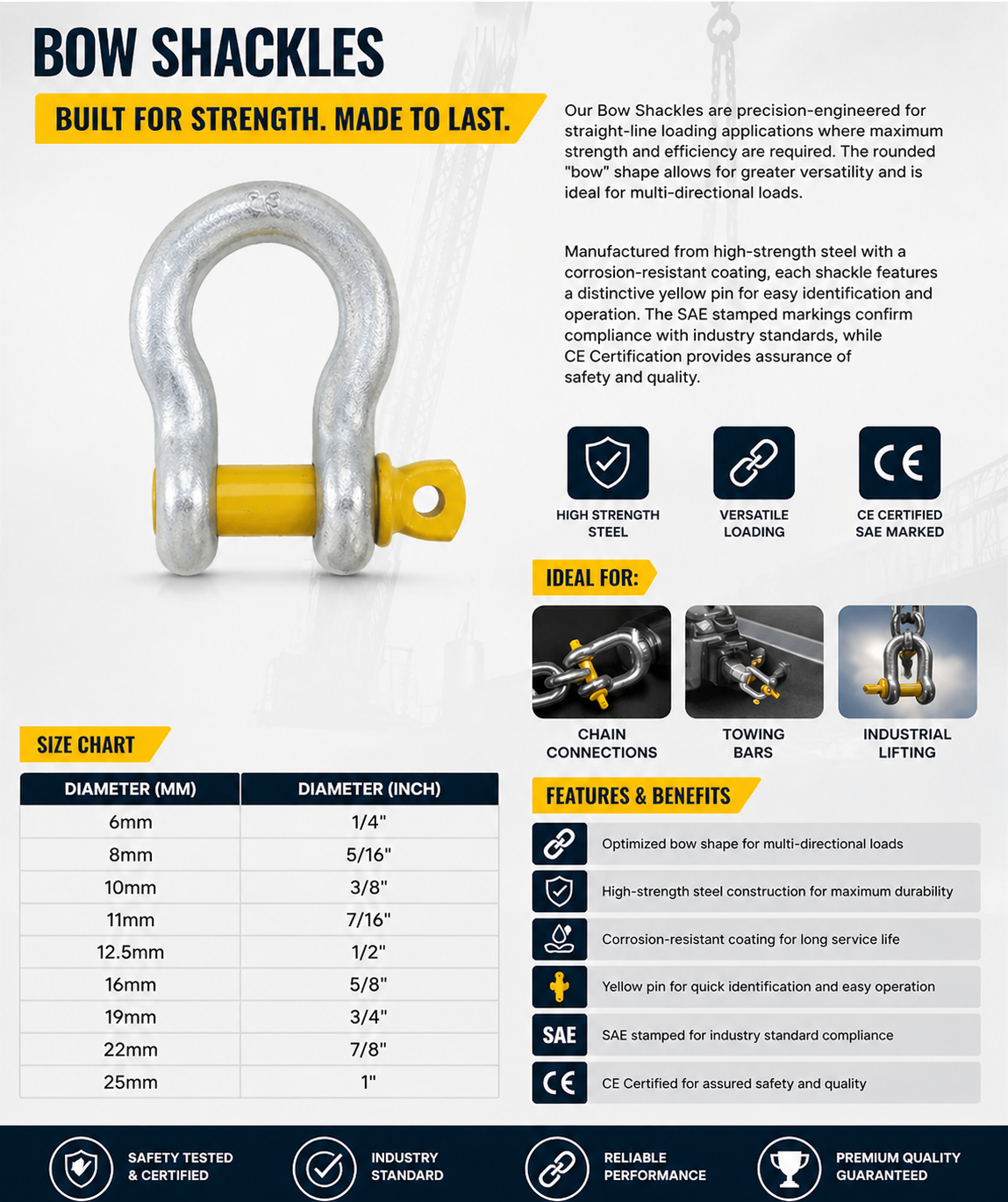 Bow Shackle U Loop Dee Shackle 6mm to 25mm – Heavy Duty CE Certified Tow Chain Link