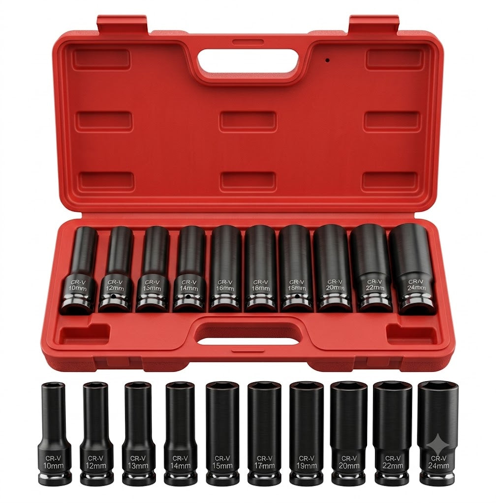 DONGTE 10pc 1/2″ Drive Metric Deep Impact Socket Set — 10-24mm · CR-V Steel · Air Impact Gun