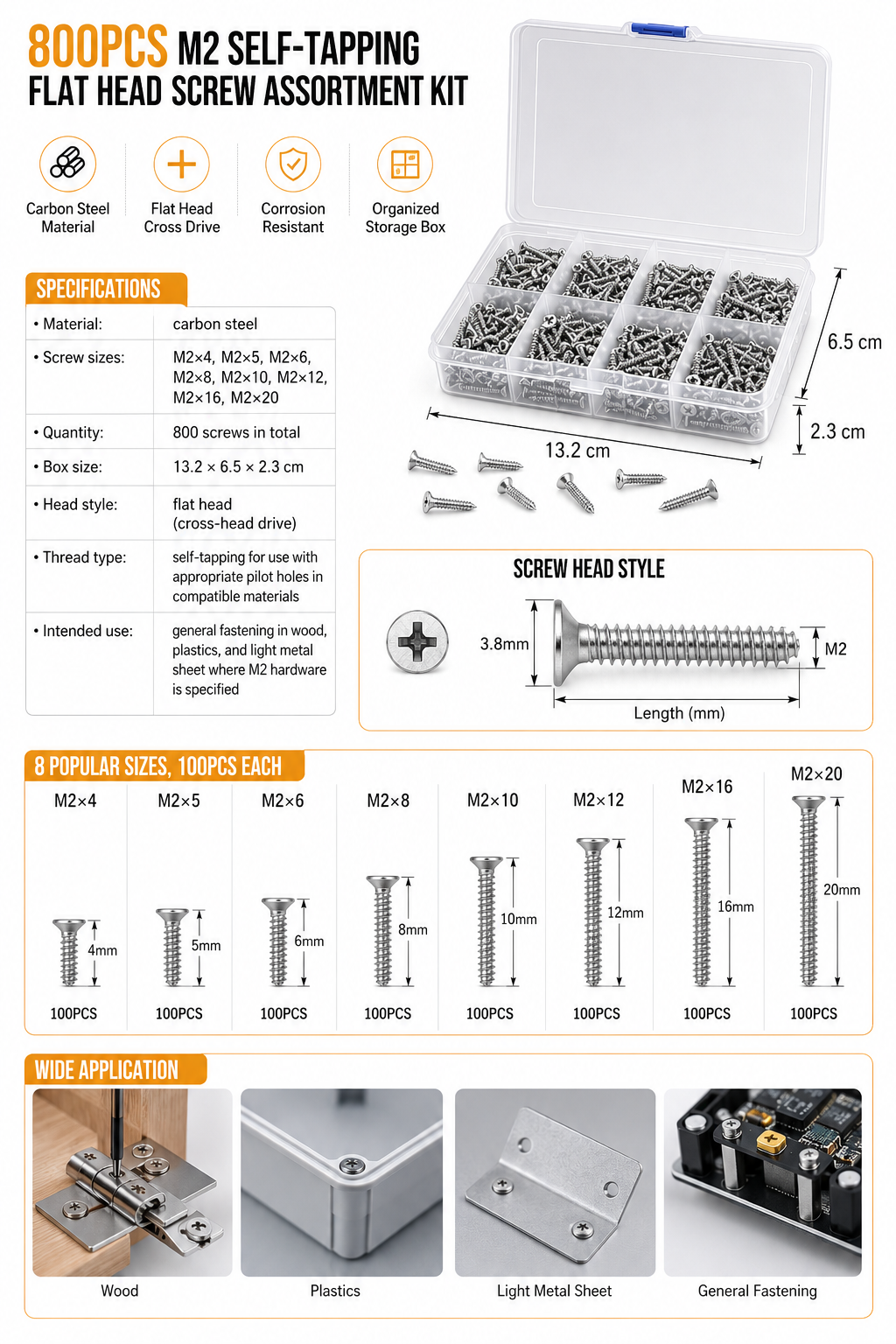 800 Piece M2 Self Tapping Screw Assortment Kit – Carbon Steel Flat Head Phillips Micro Screws 4mm–20mm for Electronics, Laptop, Drone, RC Model & Precision Repairs