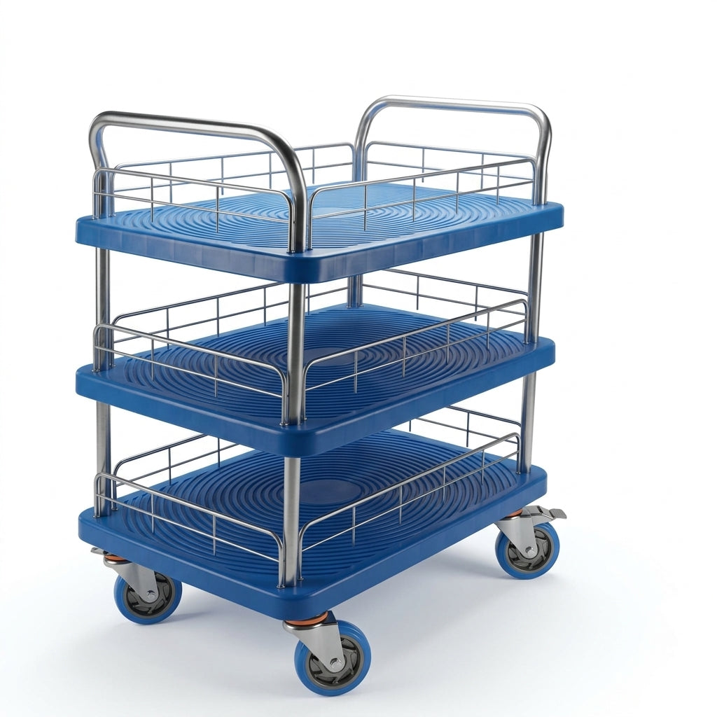 3 Tier Platform Trolley Handtruck with Fence Steel Frame Load 150kg Service