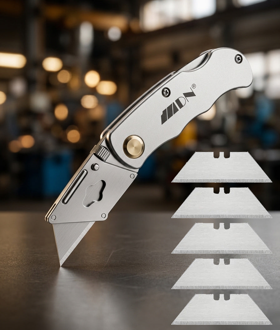 Silver Folding Utility Knife with 5 Replacement Blades, Retractable Safety Box Cutter for Cardboard, Carpet, Plastic, Rope, Warehouse & DIY Use