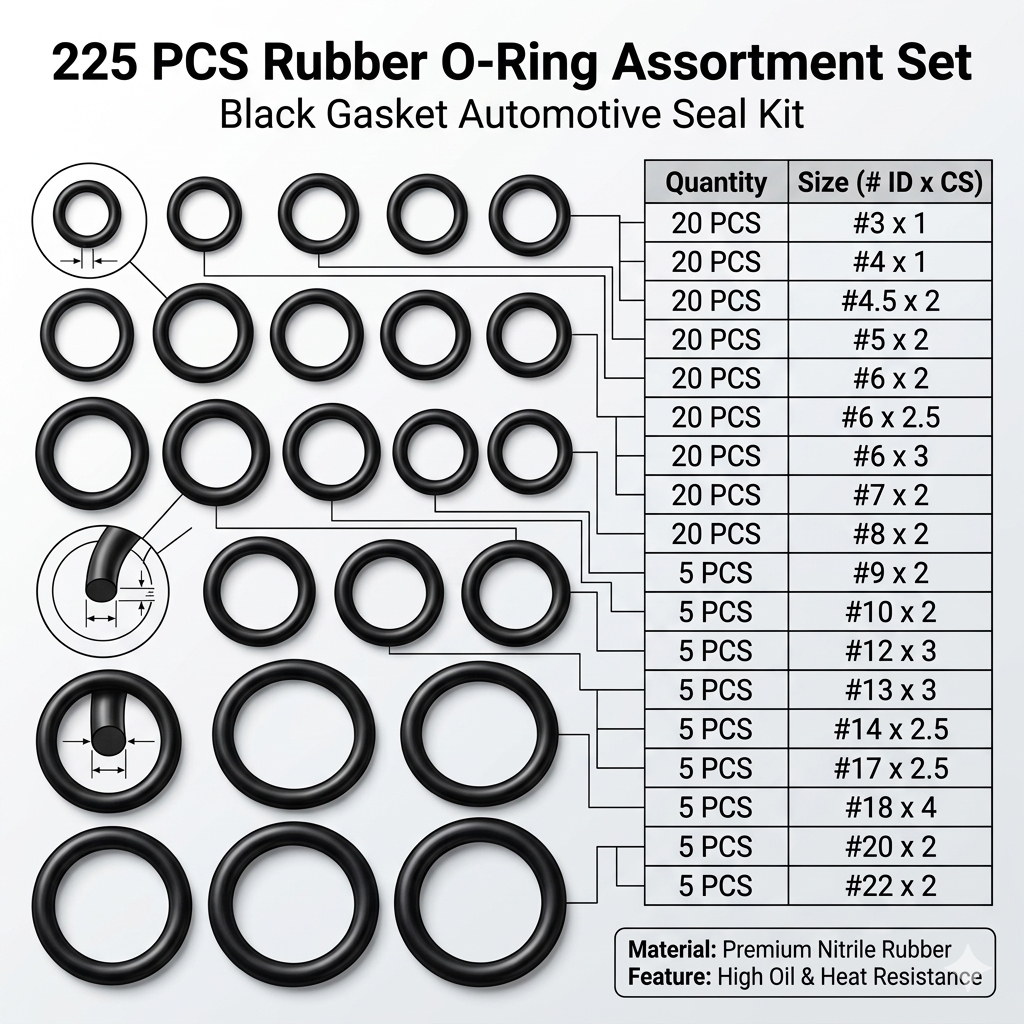225Pcs Rubber O-Ring Assortment Set Gasket Automotive Seal O Ring Kit Supplies