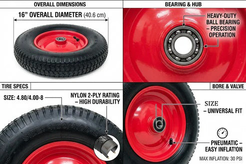 16" Pneumatic Wheelbarrow Tire 4.80/4.00-8 Trolley Tyre with 16mm Bore Durable Pneumatic Tyre Wheel for Smooth Ride Steel Rim