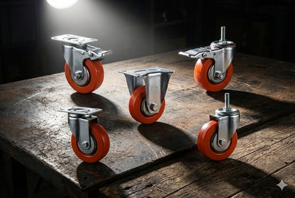 Red PU Castor Wheels 3" 4" 5" – Swivel / Brake / Fixed Plate Bolt | Industrial