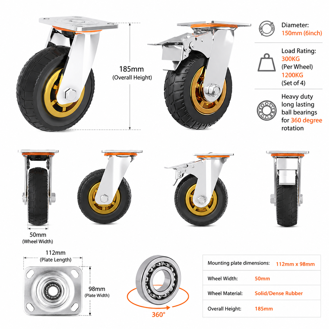 6" Heavy Duty Swivel Caster Wheels, 300KG Capacity, Rubber, Swivel or Brakes, Grey Color - Industrial Load-Bearing Casters for Trolleys, Carts, Workbenches, and Equipment