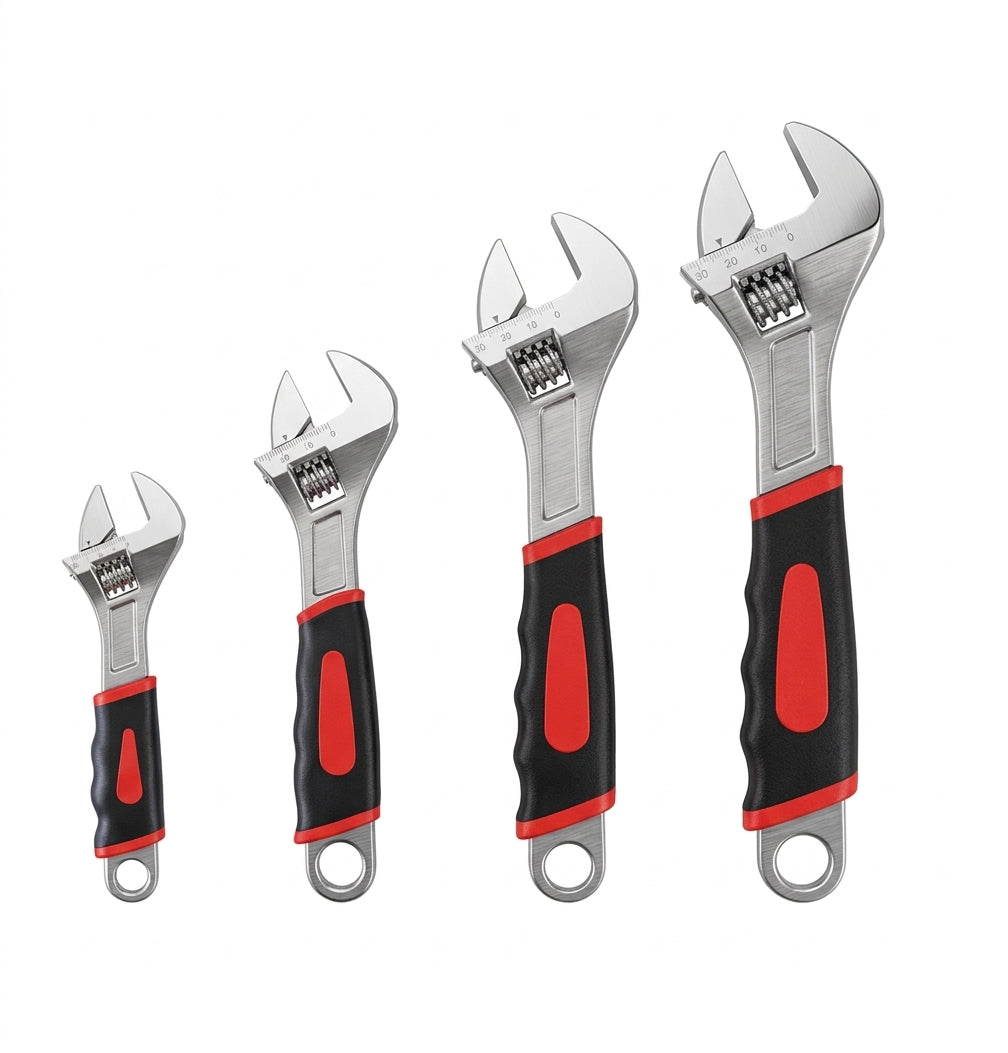 Set of 4 adjustable spanner wrenches in various sizes with ergonomic red and black rubber handles