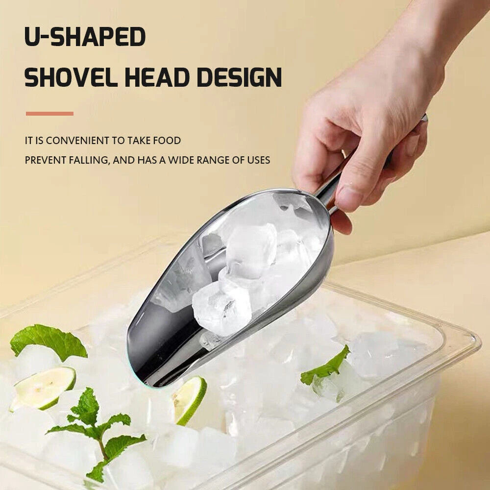 Hand holding a u-shaped aluminum ice scoop taking ice cubes from a clear container