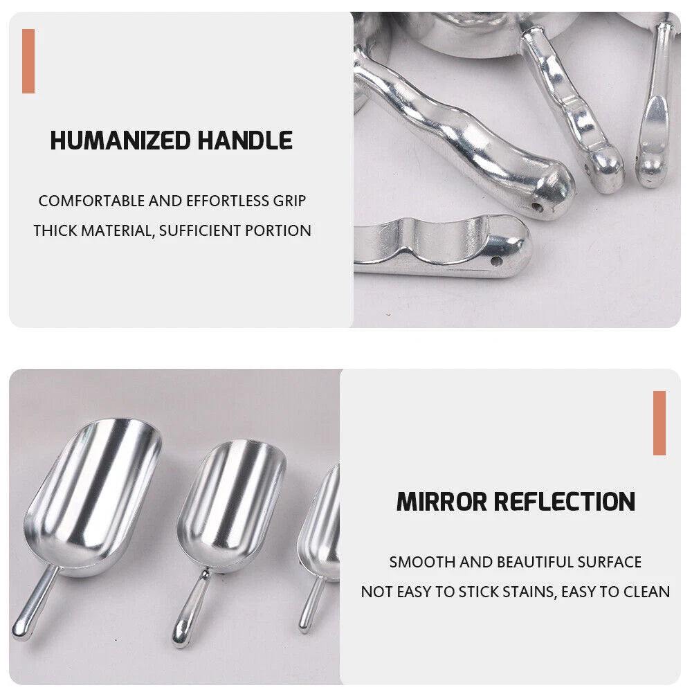 Detailed views highlighting ergonomic handles and mirror polished surface of aluminum scoops