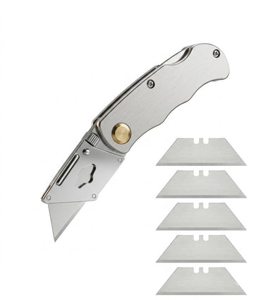 Silver Folding Utility Knife with 5 Replacement Blades, Retractable Safety Box Cutter for Cardboard, Carpet, Plastic, Rope, Warehouse & DIY Use