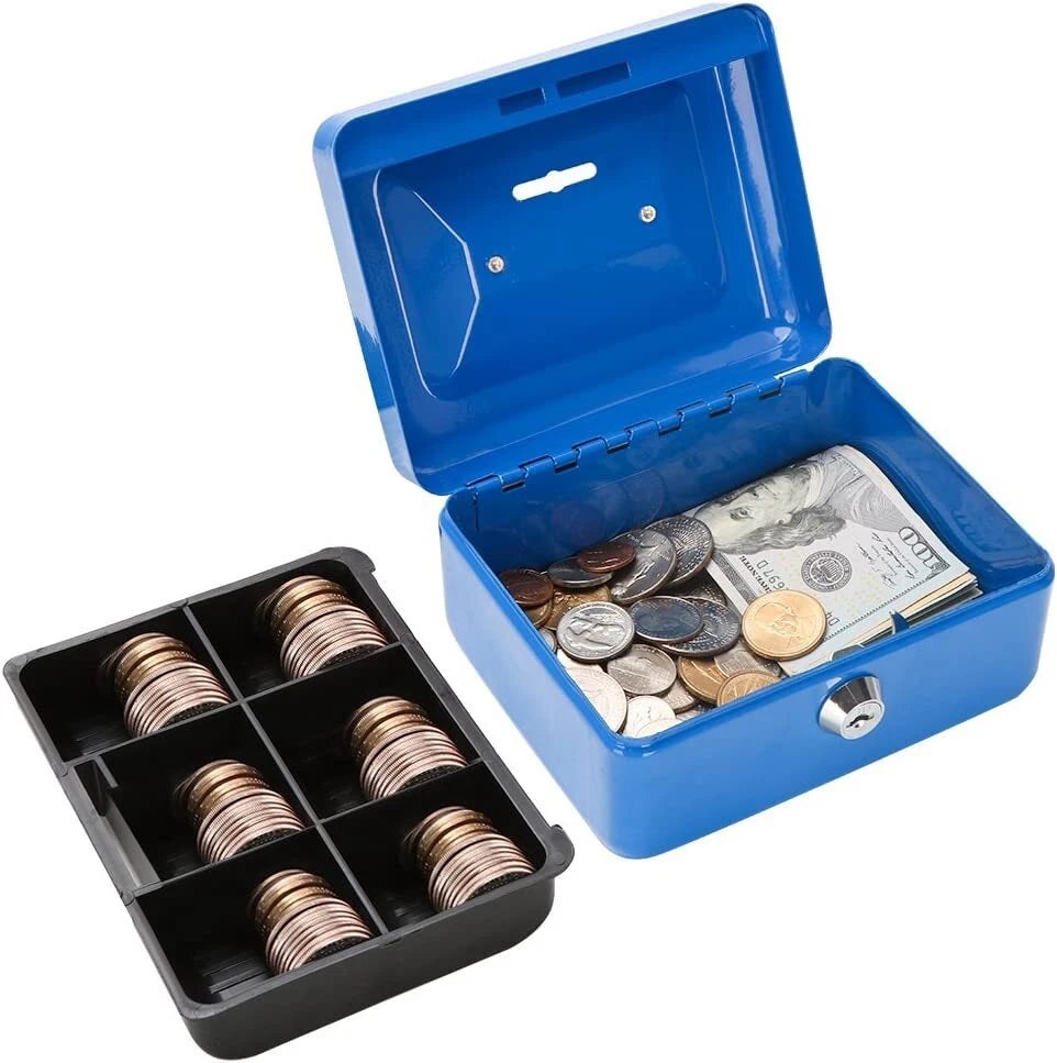 Open blue cash box containing US dollar bills and coins next to a removable 6-compartment coin tray
