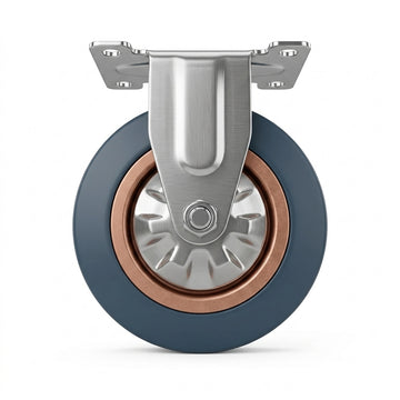 Heavy duty blue elastic rubber fixed rigid castor wheel with steel top plate bracket