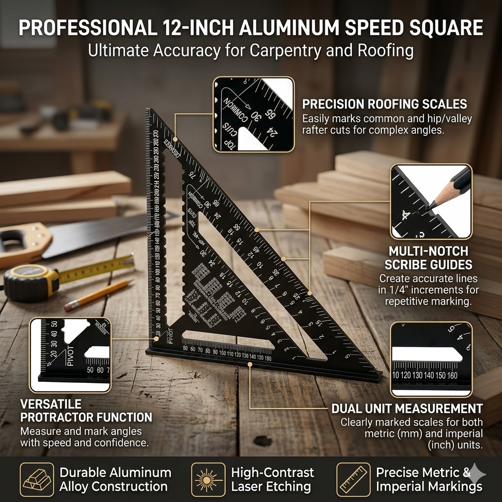 7/12 inch Black Aluminium Alloy Triangle Angle Speed Square Protractor Guide Ruler