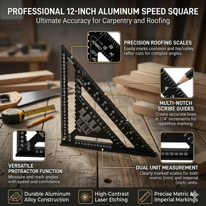 7/12 inch Black Aluminium Alloy Triangle Angle Speed Square Protractor Guide Ruler
