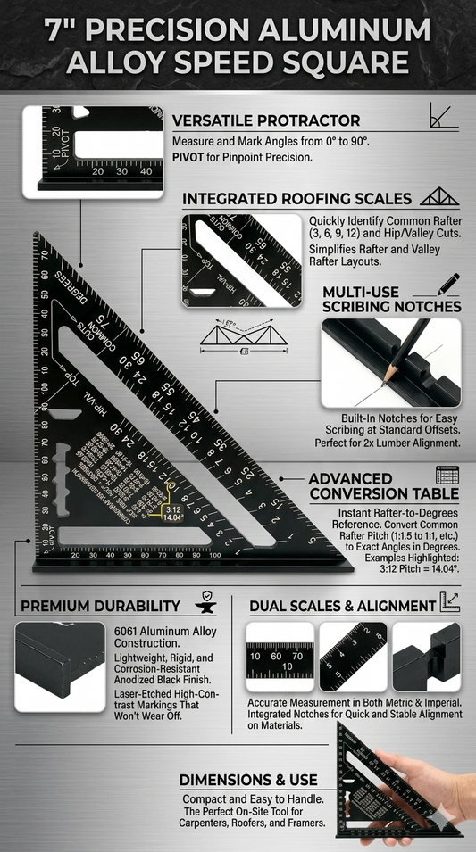 7/12 inch Black Aluminium Alloy Triangle Angle Speed Square Protractor Guide Ruler