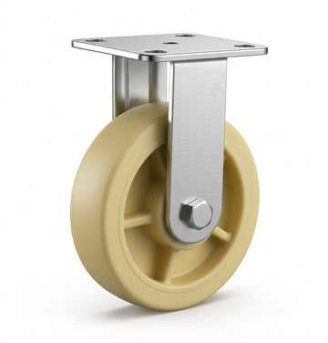Cream heavy-duty nylon fixed directional castor wheel with stainless steel top mounting bracket