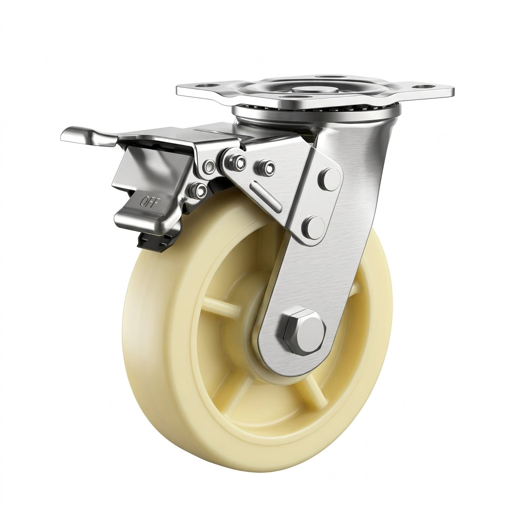 Cream heavy-duty nylon swivel castor wheel with side lock brake and stainless steel top plate