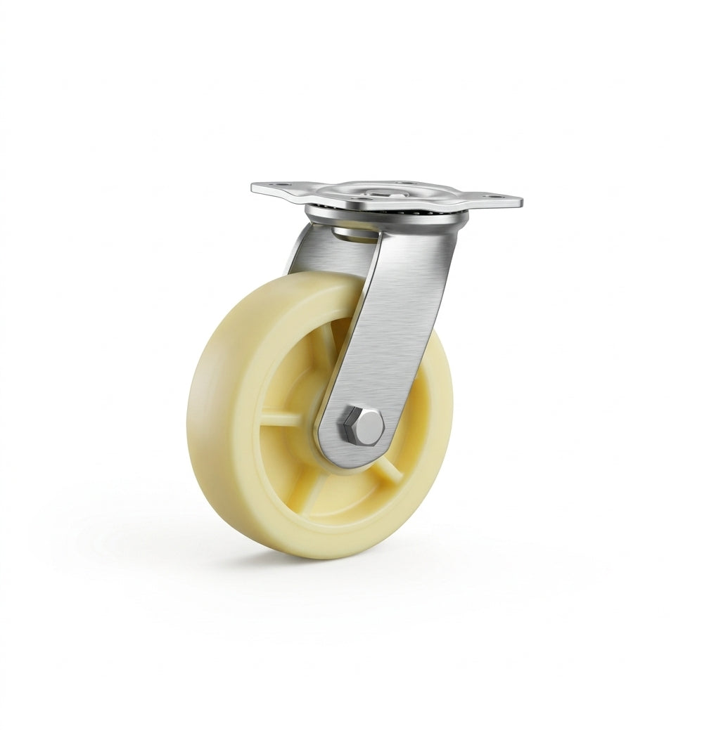 Cream heavy-duty nylon swivel castor wheel with stainless steel top mounting plate