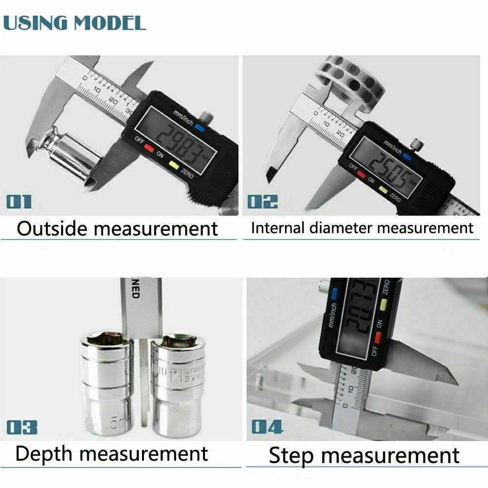 Demonstration of digital caliper measuring outside diameter, inside diameter, depth, and step height
