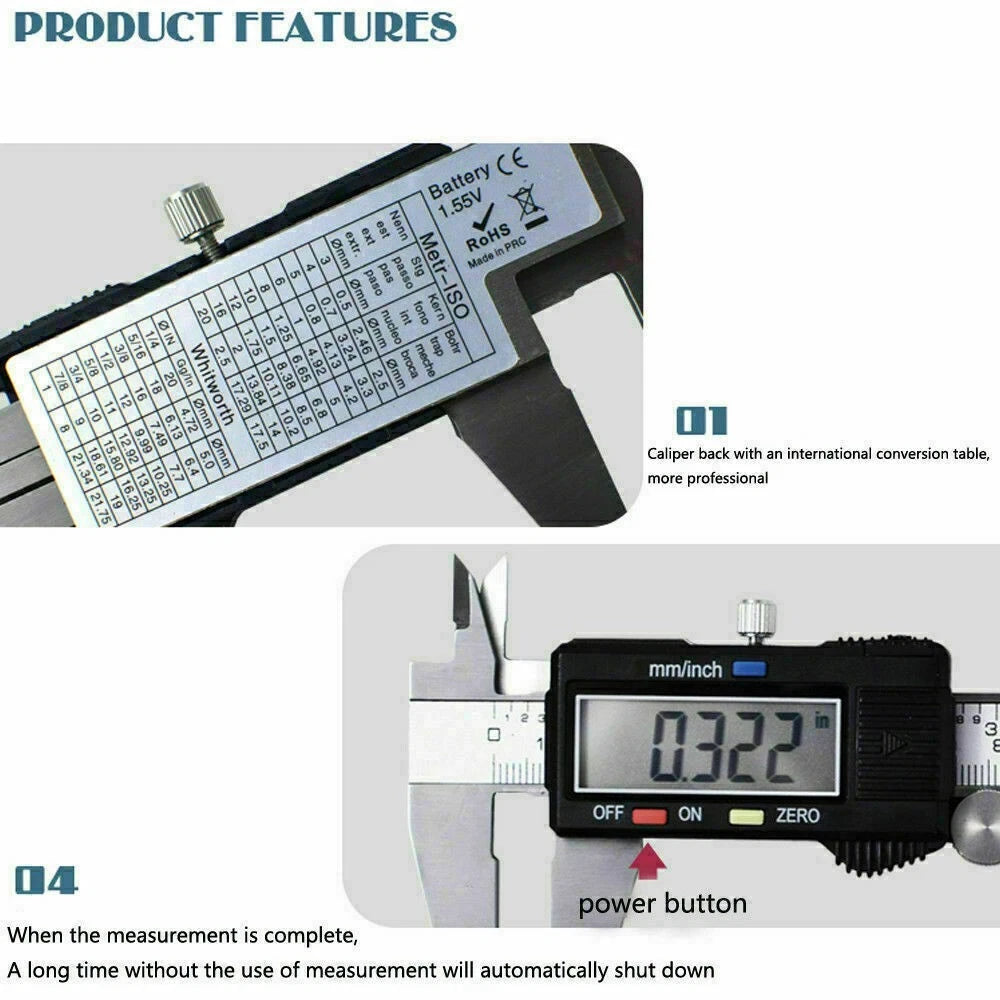 Digital caliper features showing conversion sticker on back and power button detail