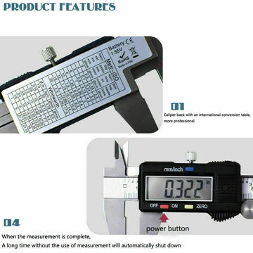 Digital caliper features showing conversion sticker on back and power button detail