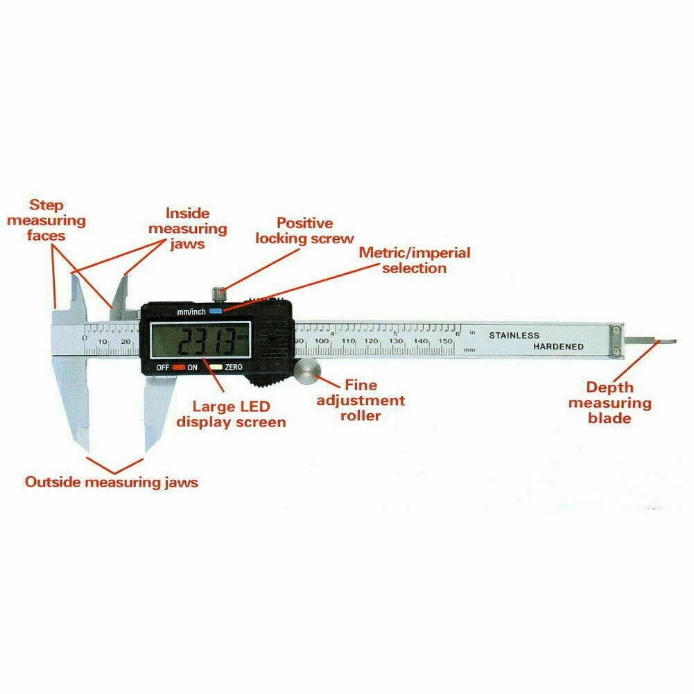 Labeled diagram of digital vernier caliper showing jaws, LCD display screen, locking screw, and depth blade