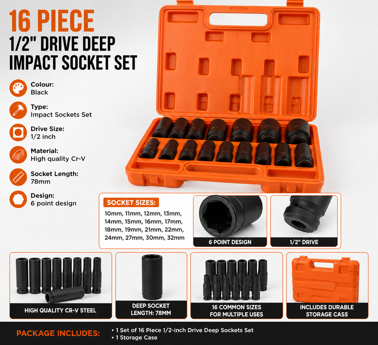 16PC Deep Impact Socket Set 1/2" Drive CR-V Steel Metric Sockets Long 10-32MM