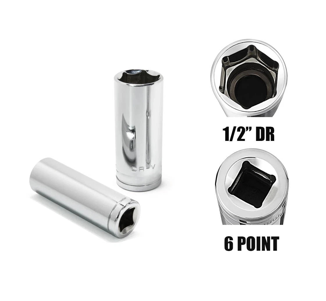 1/2 inch drive 6 point chrome vanadium deep socket with top and bottom profile view