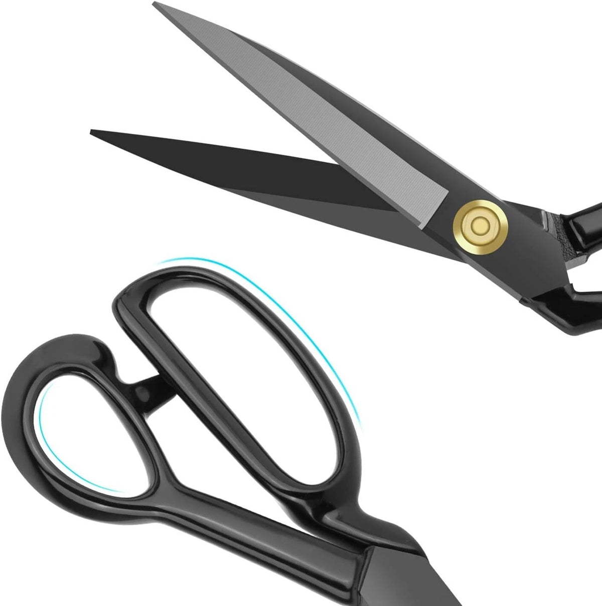 Heavy duty black tailor shears with ergonomic handles and gold brass pivot screw