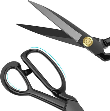 Heavy duty black tailor shears with ergonomic handles and gold brass pivot screw