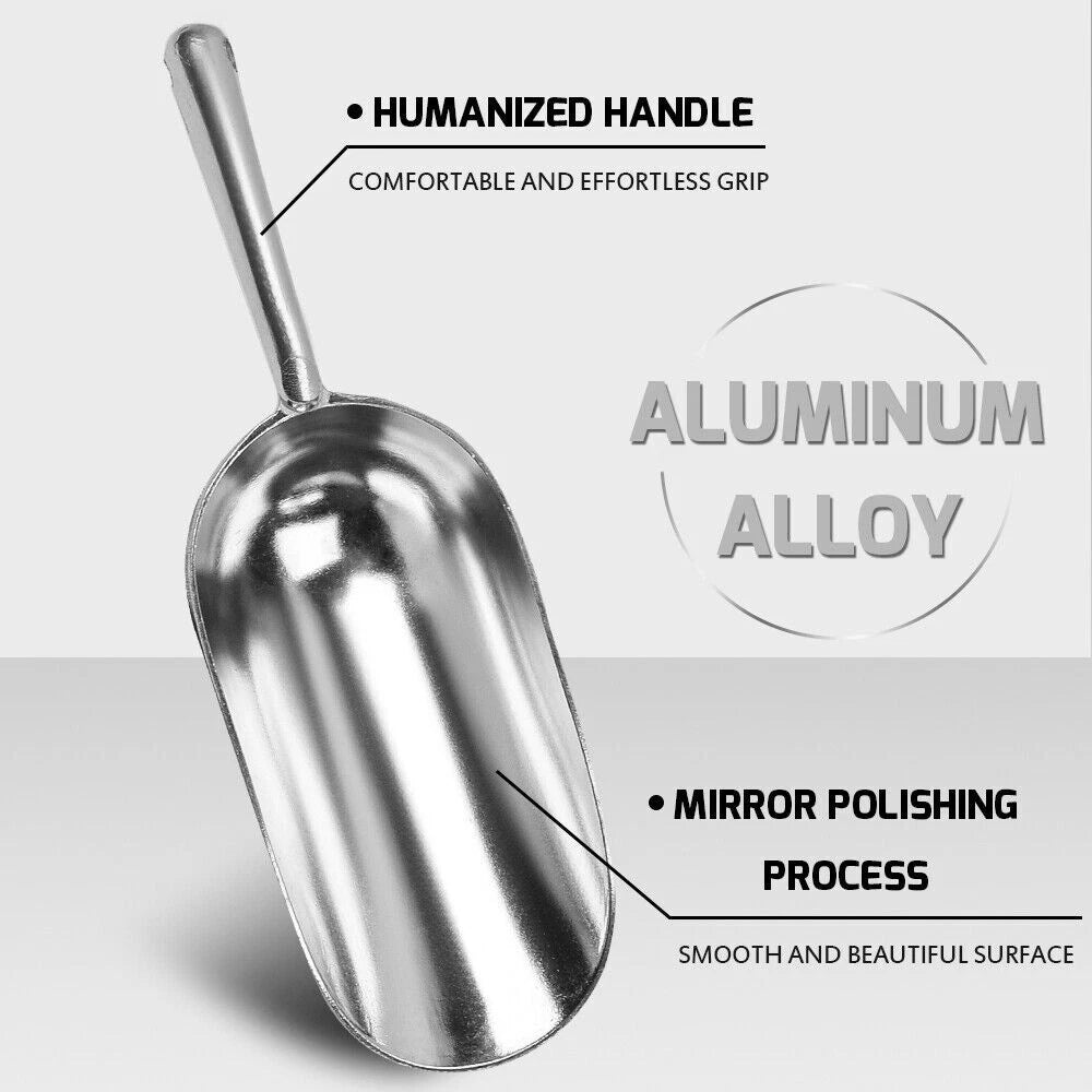 Single heavy duty cast aluminum alloy scoop highlighting comfortable handle and mirror polished body