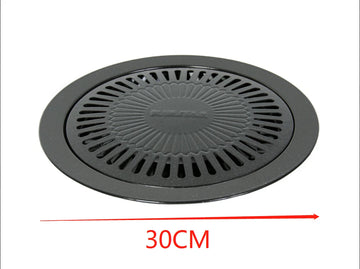 Round non-stick Korean BBQ grill plate showing 30cm overall diameter measurement