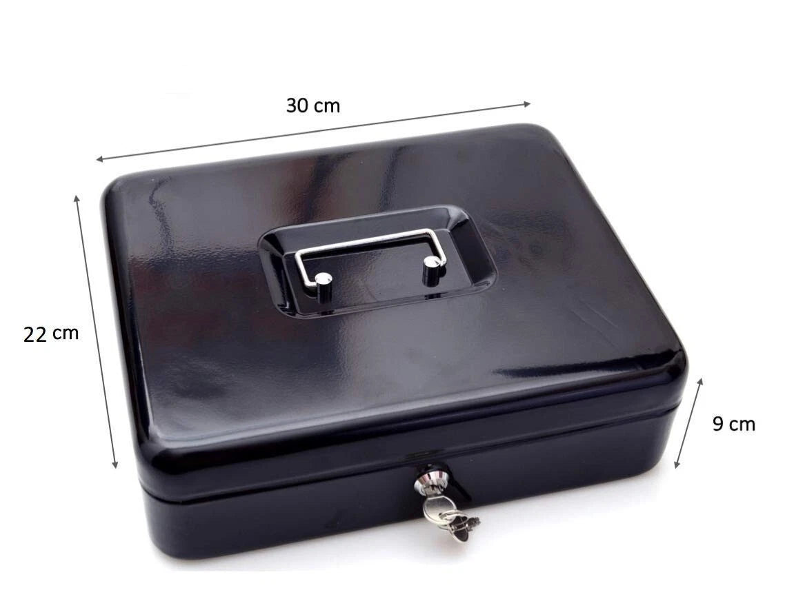 Large black metal cash box with key lock showing 30cm length, 22cm width, and 9cm height