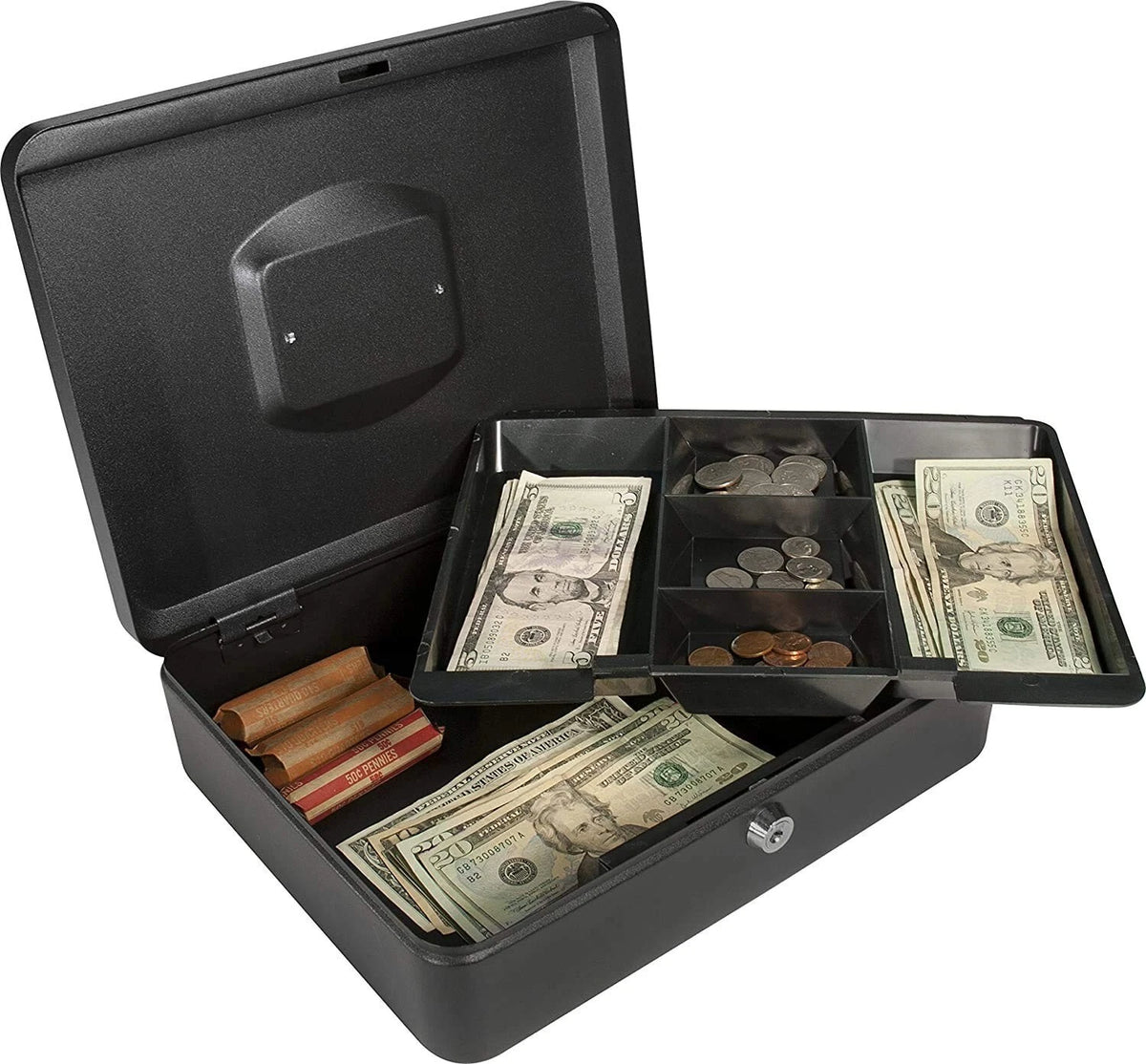 Open black cash box featuring a multi-compartment cantilever tray holding banknotes and coins