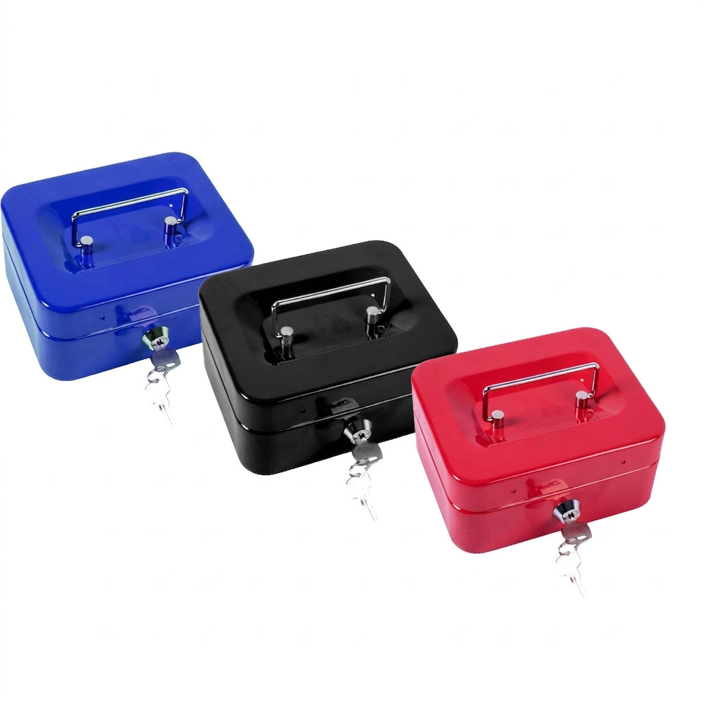 Small metal cash lock boxes with keys in blue, black, and red