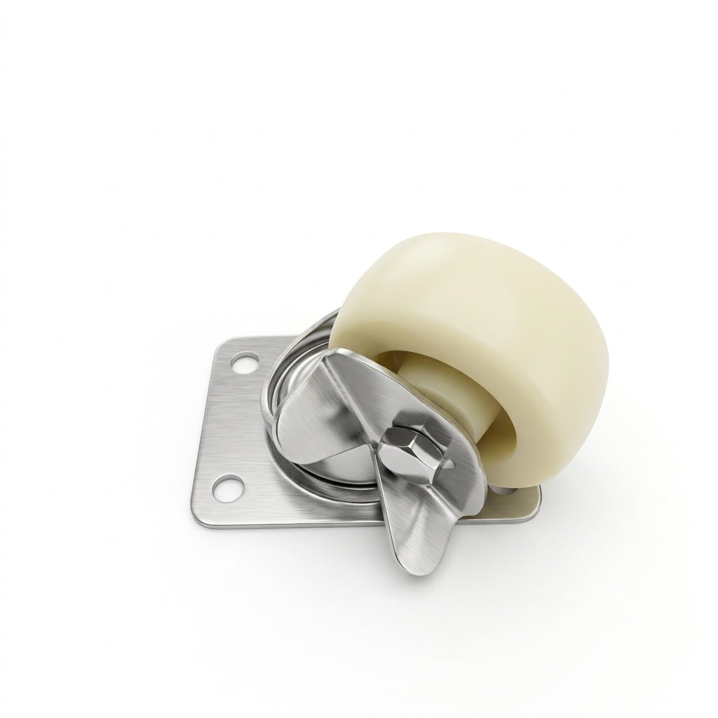 Top down perspective of a low profile white PP swivel castor wheel with stainless steel mounting plate