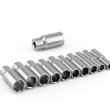 Lineup of chrome vanadium metric deep drive sockets for automotive repair