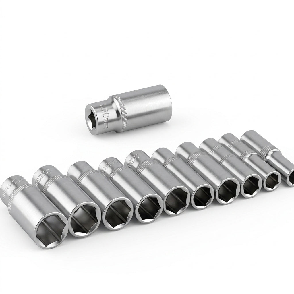 Lineup of chrome vanadium metric deep drive sockets for automotive repair