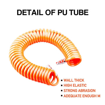 Orange coiled PU air hose displaying thick wall and abrasion resistance features