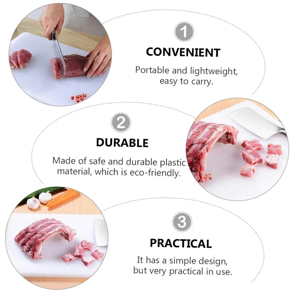 Infographic demonstrating portable, durable, and practical uses of plastic chopping board