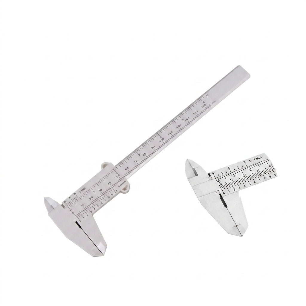 Lightweight plastic vernier caliper showing full view and close up of dual scale markings