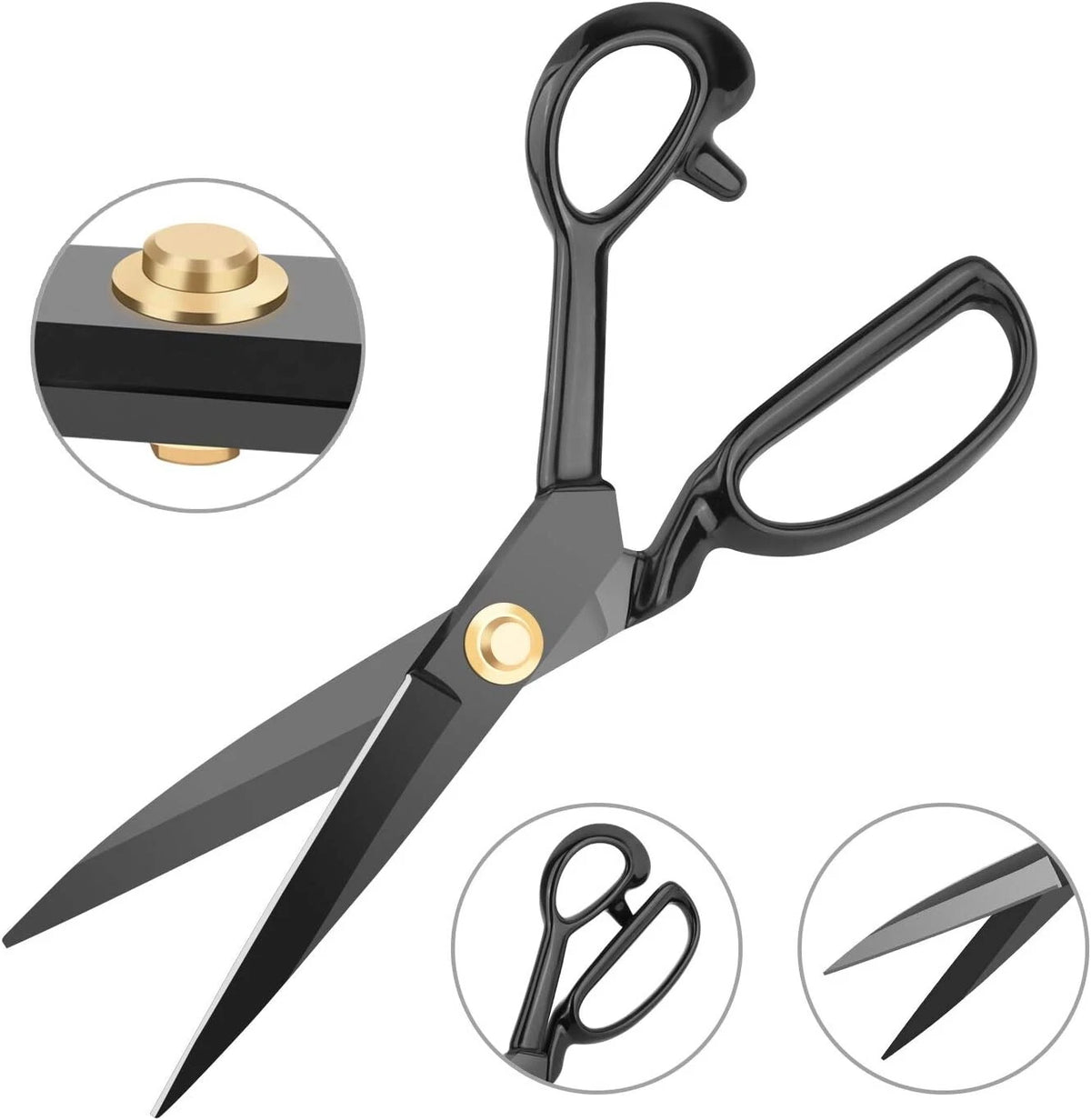 Professional black fabric scissors showing adjustable brass pivot screw and blade closeups