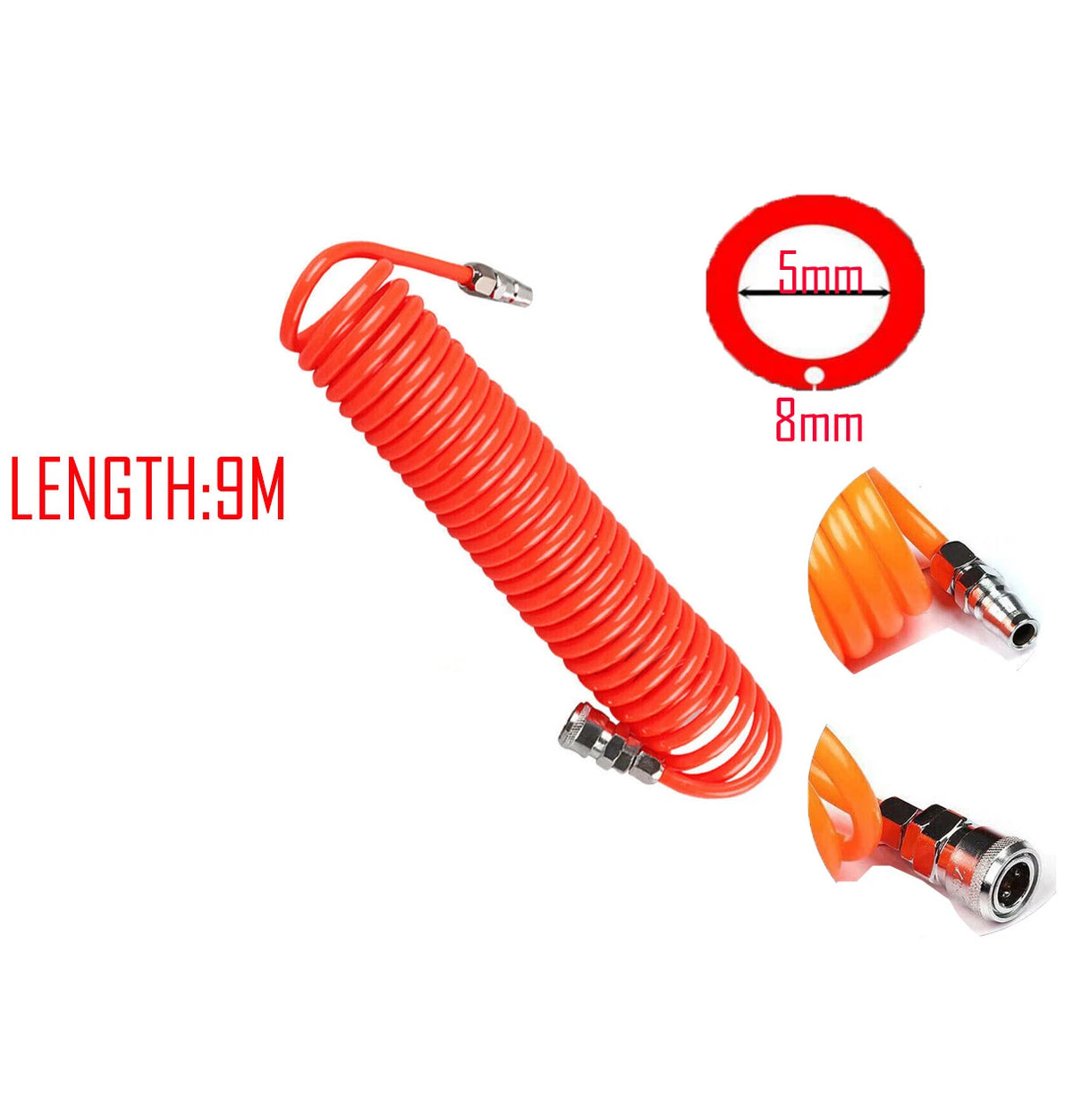 9m orange PU recoil air hose with 5mm ID and 8mm OD quick connect fittings